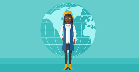 Business woman standing on globe background.