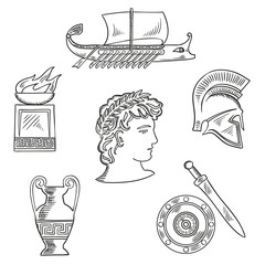 Historical and cultural symbols of ancient Greece with emperor in laurel wreath, surrounded by sketches of amphora and soldier helmet, shield and sword, fire pit bowl and warship galley