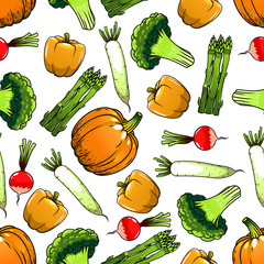 Organic farm vegetables seamless pattern with orange bell pepper and pumpkin, green broccoli and asparagus, red and white radish. Agriculture harvest, cooking or vegetarian menu design