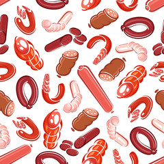 Delicious meat sausages and salami seamless pattern design with background of smoked salami and pepperoni sausages, bologna and blood sausages rings. Butcher shop, livestock farming, market themes © Vector Tradition
