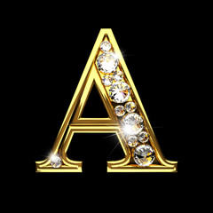 a isolated golden letters with diamonds on black