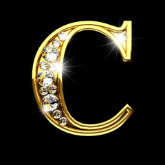 c isolated golden letters with diamonds on black
