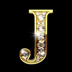 j isolated golden letters with diamonds on black - obrazy, fototapety, plakaty