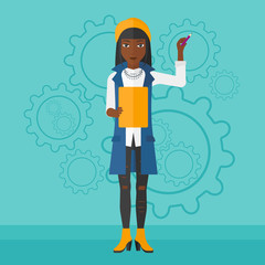 Woman standing on gears background.