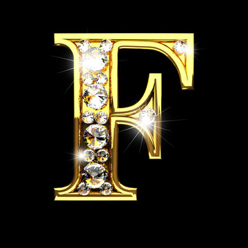 f isolated golden letters with diamonds on black