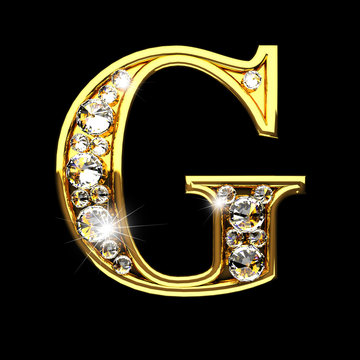 g isolated golden letters with diamonds on black