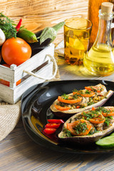 
Eggplant stuffed with fresh mushrooms, tomatoes with dill
