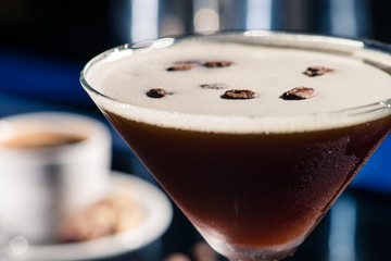 closeup of Fresh coffee cocktail with coffee beans