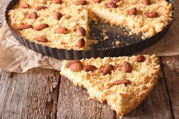 Traditional Italian cake Sbrisolona chopped close-up. horizontal
