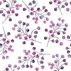 Seamless floral pattern with the watercolor purple berries on the branches, hand-drawn on a white background