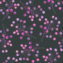 Seamless floral pattern with the watercolor purple berries on the branches, hand-drawn on a dark background