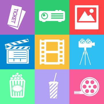 Flat icon set. Movie icons set. Cinema symbols. Film icons.