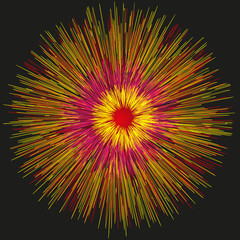 Illustration of bright lights and firework in the night flash yellow rays on black background
