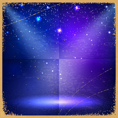 Blue vintage retro background with stars and the rays of searchl