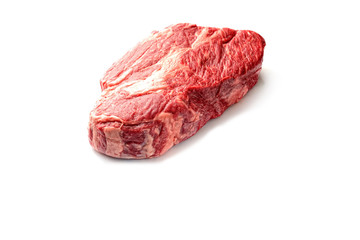 Single Raw Beef Steak For BBQ Isolated On White Background, Top View
