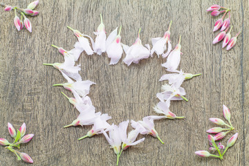 Obraz na płótnie Canvas Selective soft focus of heart shaped pink flowers on vintage grunge wooden background