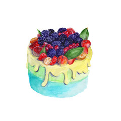 sponge cake with fruit. isolated. watercolor