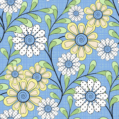 Floral seamless pattern in retro style, cute cartoon flowers light blue background