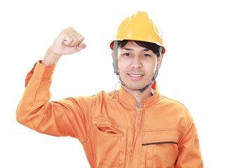 ガッツポーズの労働者