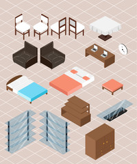 Isometric furniture collection. interior design concept set