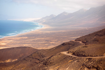 Fototapeta premium Top view on Cofete coastline the longest beach on Canary island