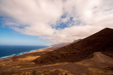 Top view on Cofete coastline the longest beach on Canary island