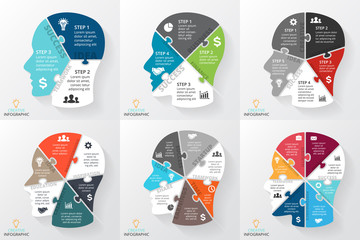Vector brain puzzle infographic. Template for human head diagram, graph, presentation, face chart. Business idea concept with 3, 4, 5, 6, 7, 8 options, parts, steps or processes. Brainstorming.