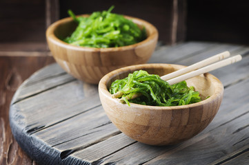 Traditional Japanese salad chuka on the wooden table