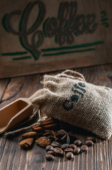 coffee beans in bag and spices