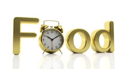 3D golden word Food with alarm clock as letter 