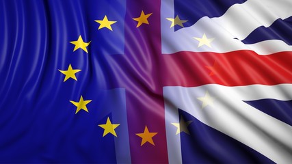 European Union and United Kingdom waving flags merged in one