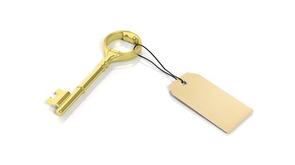 Blank tag  on golden retro key , isolated on white background.