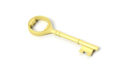 3D golden retro key, isolated on white background.