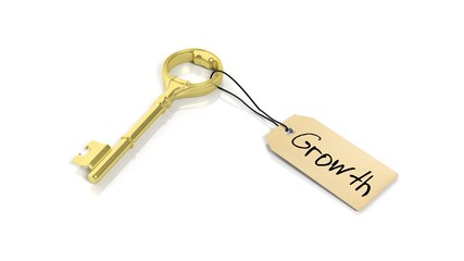 Tag with word Growth on golden retro key , isolated on white background.