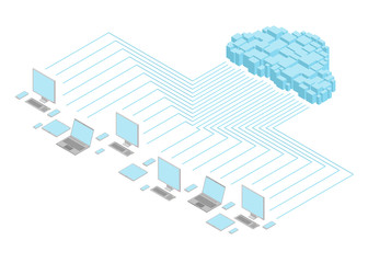 Isometric concept of cloud computing. Data transfer to the computers is symbolized by the blue arrow.