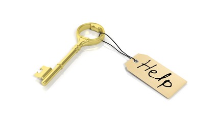 Tag with word Help on golden retro key , isolated on white background.