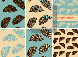 Fototapeta na wymiar a set of 6 japanese style, coordinated, fan shape, seamless patterns, in an ivory, sky blue, and brown color palette.