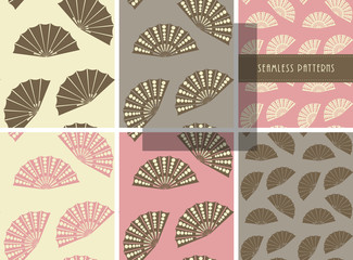a set of 6 japanese style, coordinated, fan shape,  seamless patterns, in an ivory, pink and brown color palette. 