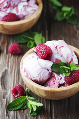 Delicious ice-cream witn raspberry and mint