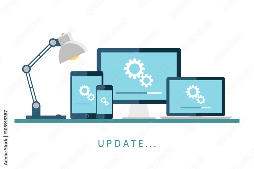Poster Desktop computer, laptop, tablet and smartphone with update screen. Update process. Install new software, operating system, update support. Vector illustration.