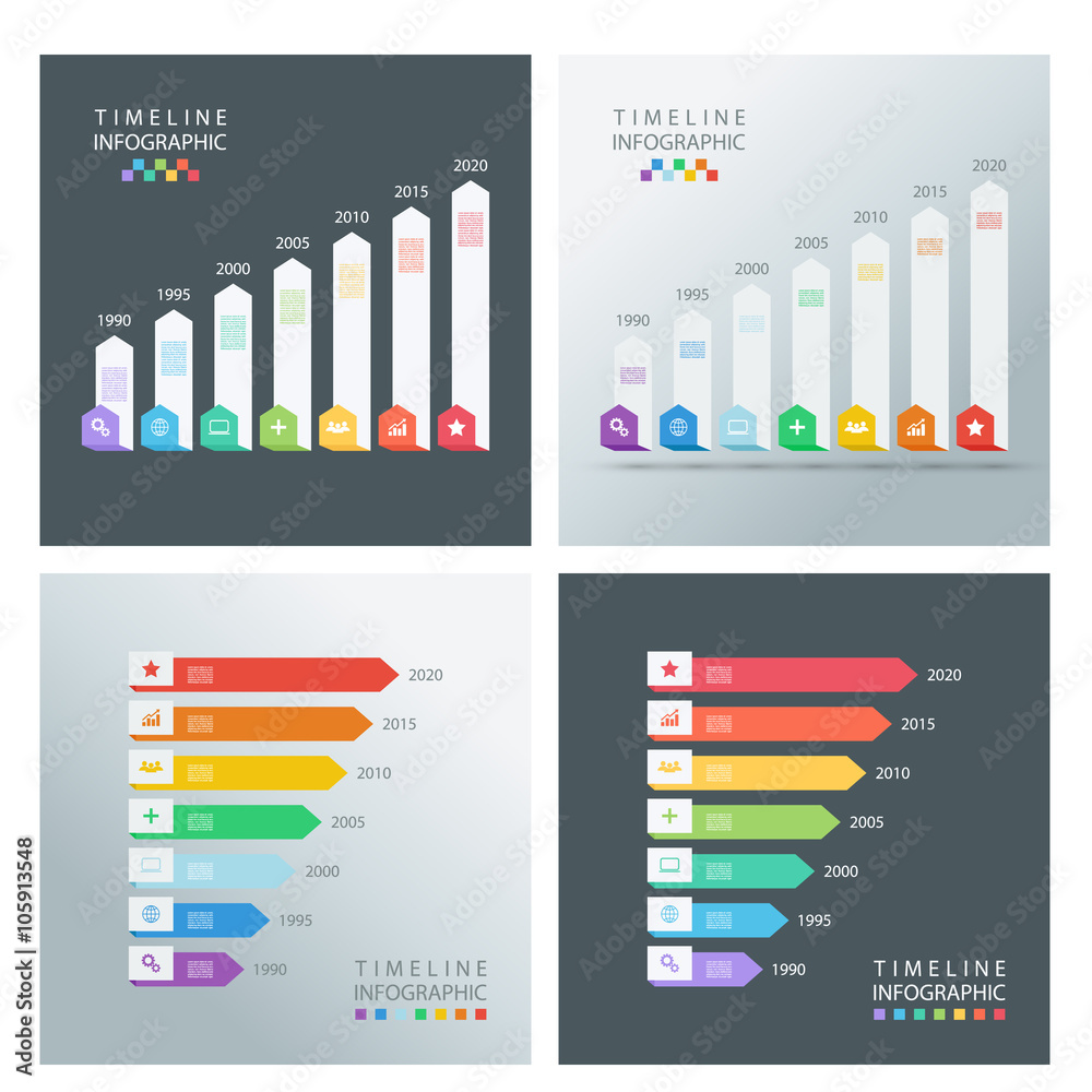 Poster Set of timeline infographic design templates. Vector illustration for workflow layout, diagram, number options, web design, business presentation.