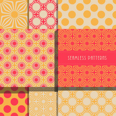 a set of 8 japanese style, coordinated, floral and dots,  seamless patterns, in a yellow, red and ivory color palette