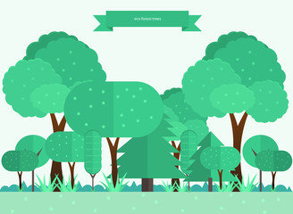 flat eco forest on landscape with tree elements