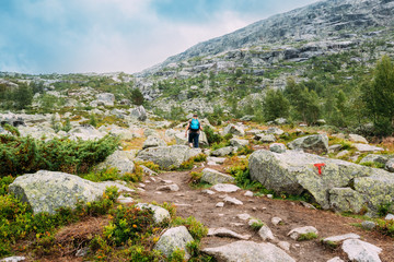Fototapeta na wymiar Man goes on mountain hiking trail in Norway. Path to natural att