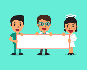 Cartoon doctor and nurses holding board for presentation