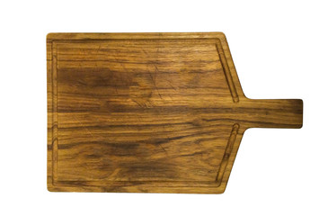 Top View of Empty Used Old Brown Wooden Cutting Board with Copy Space to Mock up or Display Product Isolated on White Background