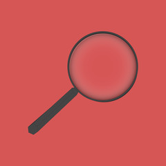 Single magnifier on red background, flat design magnifier