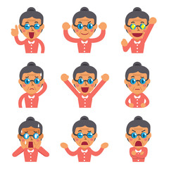 Cartoon senior woman faces showing different emotions