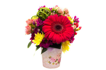 
Spring, summer floral arrangement for the wedding , favorite , friend , a gift of flowers gerbera , hypericum , chrysanthemums in a vintage pot on a white background . Isolated 