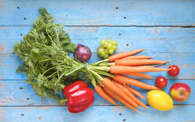 healthy food, vegetables and fruits,flat lay